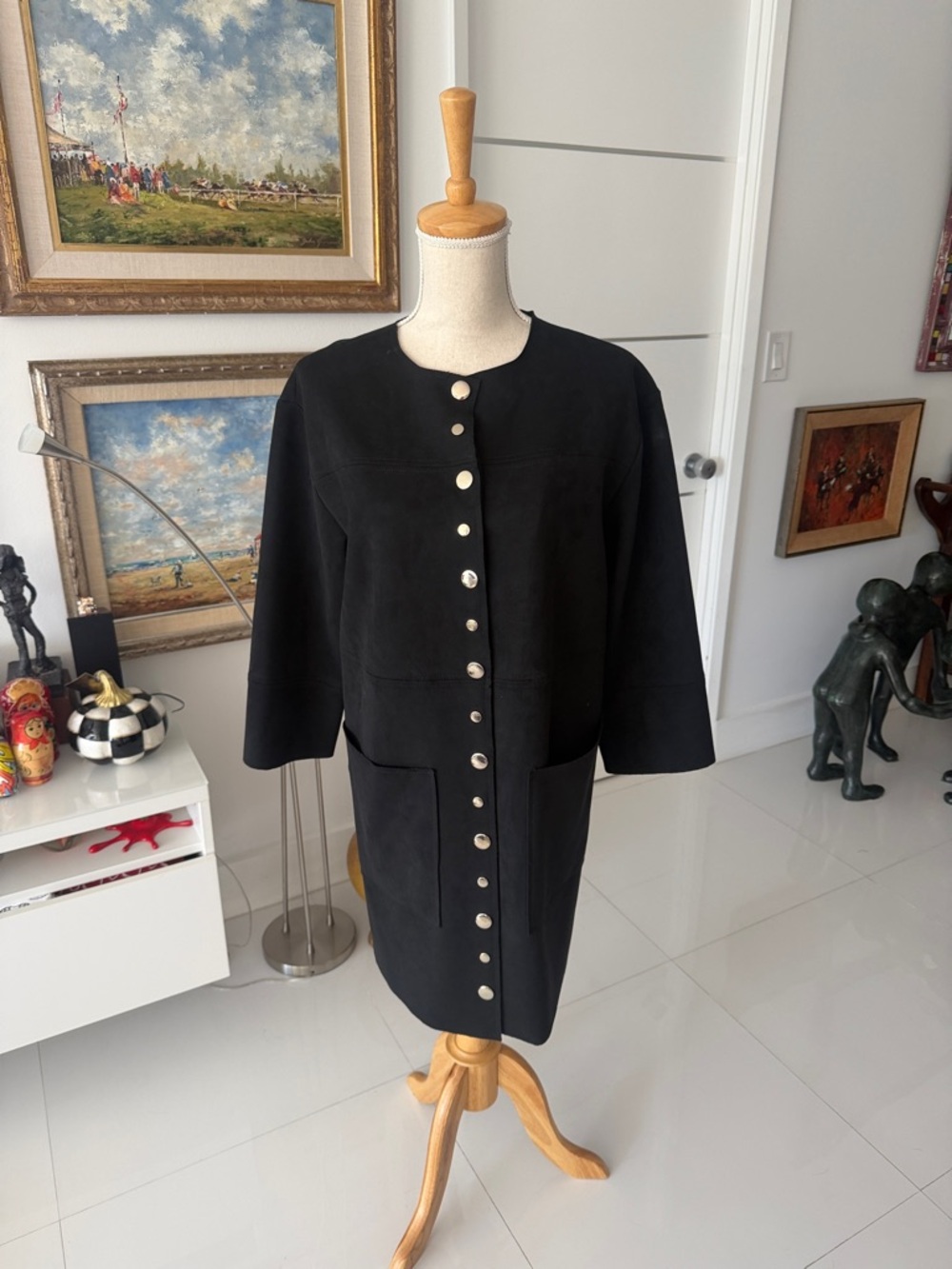 Zara Black Suede Effect Faux Suede No Collar Button-Front Coat